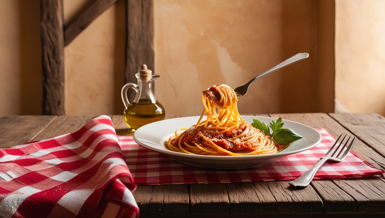 Prato de Bigoli com Patuá em uma mesa rústica com decoração italiana