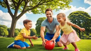 um pai brincando com os filhos no parque