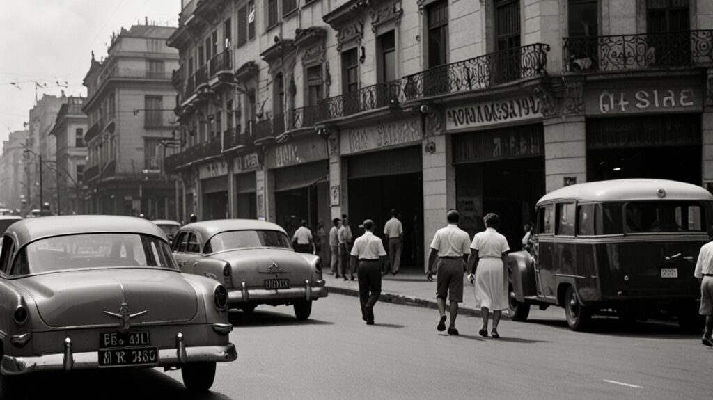 Rua movimentada de São Paulo na década de 1950, ilustrando a energia e o ritmo frenético da cidade grande.